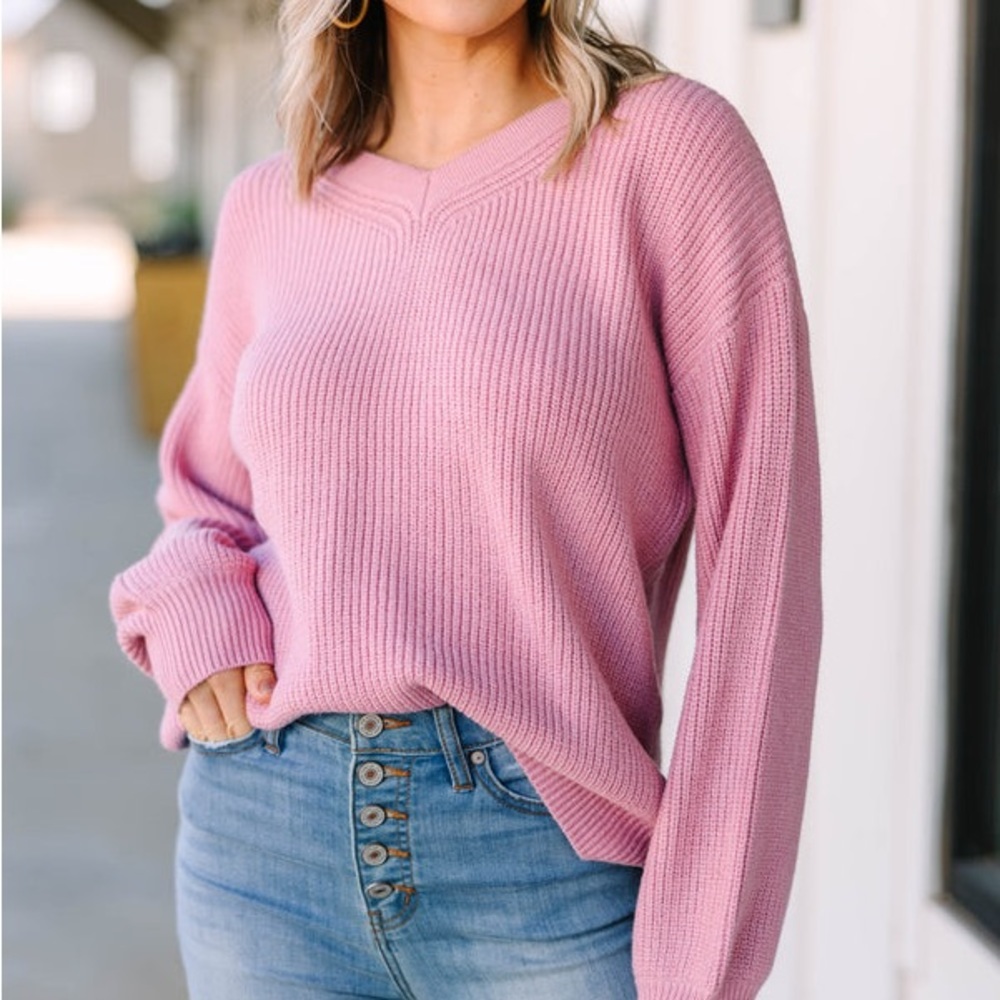 Tahari V-Neck Drop Shoulder Ribbed Knit Sweater in Baby Pink Size M